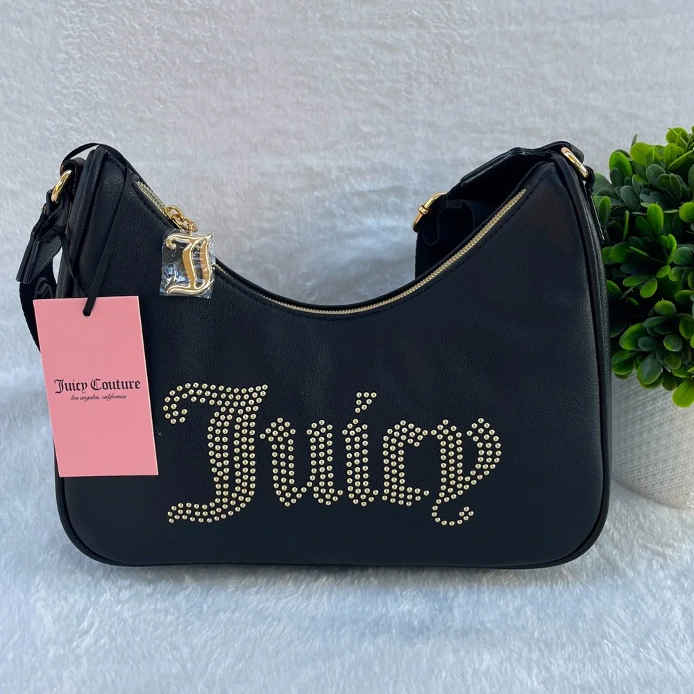 NEW Juicy Couture‎ Black Studded Logo Hobo Crossbody Bag Gold Hardware
